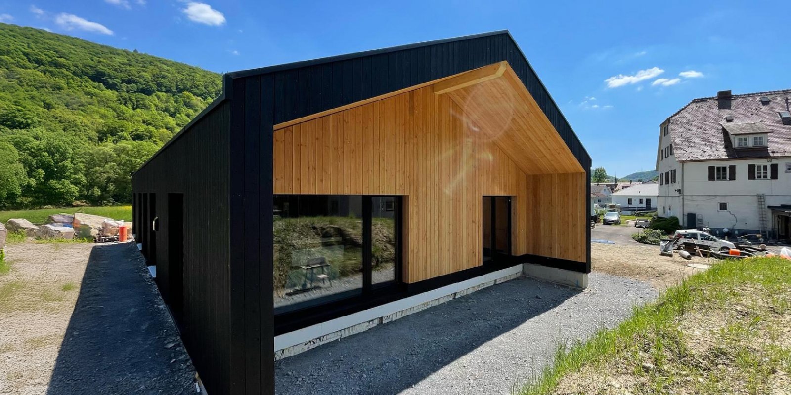Baustelle Einfamilienhaus-Bungalow in Hohenlohe Holzbauweise KFW40