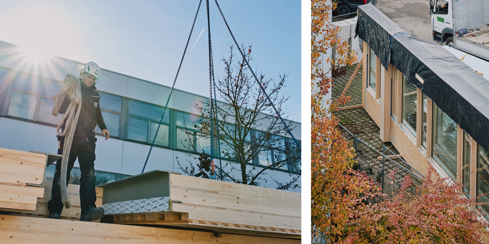 Vorgefertigte Holzbauelemente auf der Baustelle des Schulzentrums Bönnigheim – präzise vorbereitet für die Montage und Holzfassaden- und Raummodule