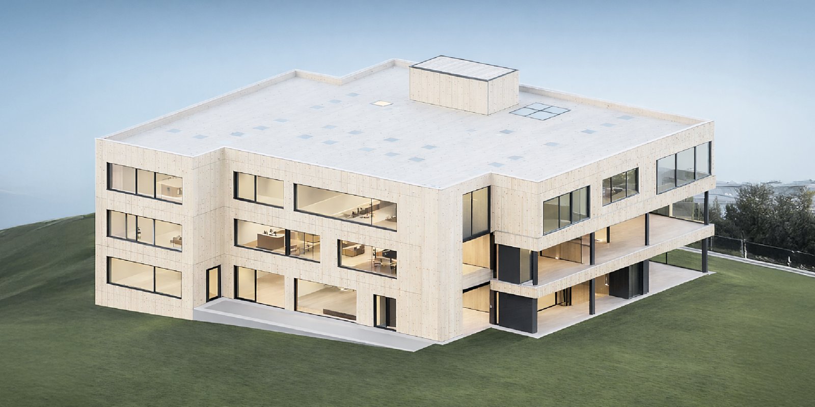 Visualisierung der Erweiterung des Schulzentrums Bönnigheim in moderner Holzbauweise mit klarer Fassadengliederung