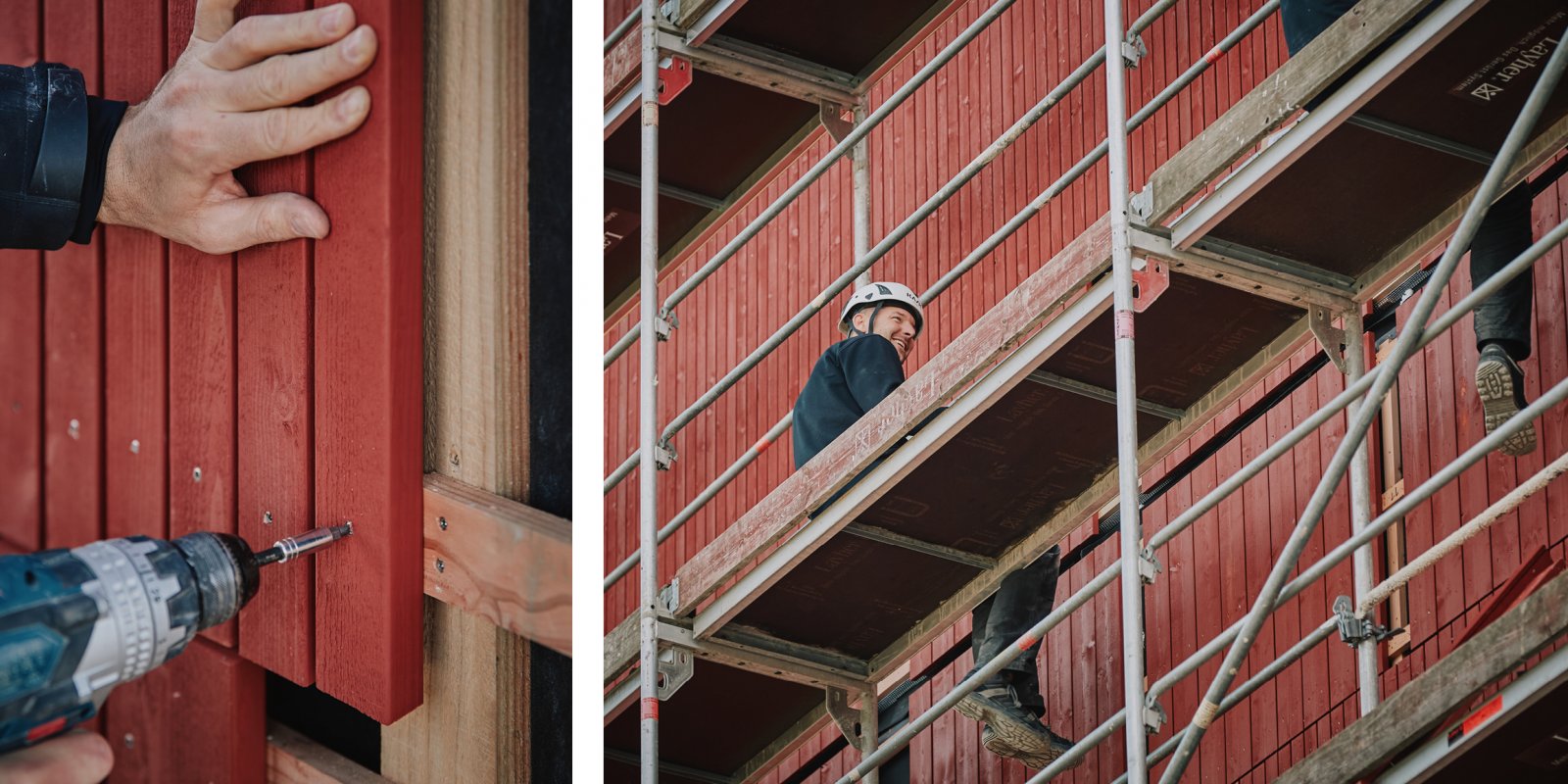 Zimmererarbeiten an der Holzfassade der Grundschule Freiberg auf dem Gerüst während der Montage