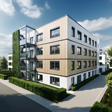 Ein würfelförmiges Gebäude mit einer natürlichen Holzfassade.