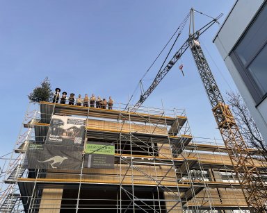 Zimmerer sprechen den Richtspruch auf dem Gerüst des Schulzentrums Bönnigheim, gekrönt mit Richtbaum.