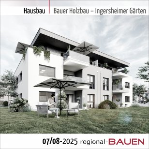 Visualisierung eines modernen Mehrfamilienhauses des Projekts Ingersheimer Gärten von Bauer Holzbau mit großzügigen Balkonen, Dachüberständen und begrünten Außenbereichen.